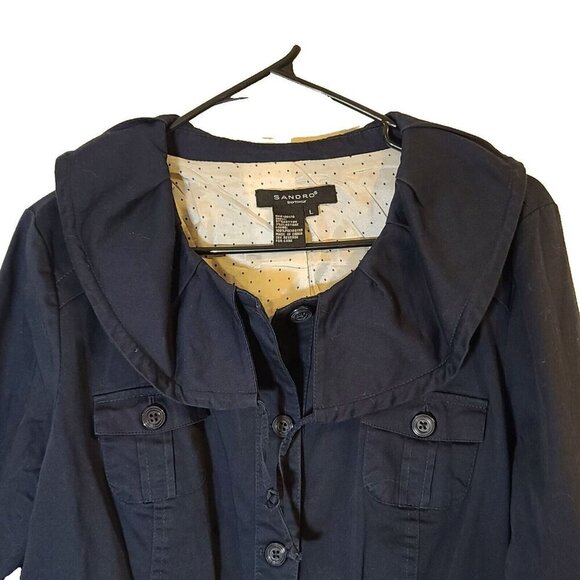 Sandro Sportswear 3/4 Sleeve Cinch Waist Cowl Neckline Cropped Jacket Navy Large - Picture 2 of 9